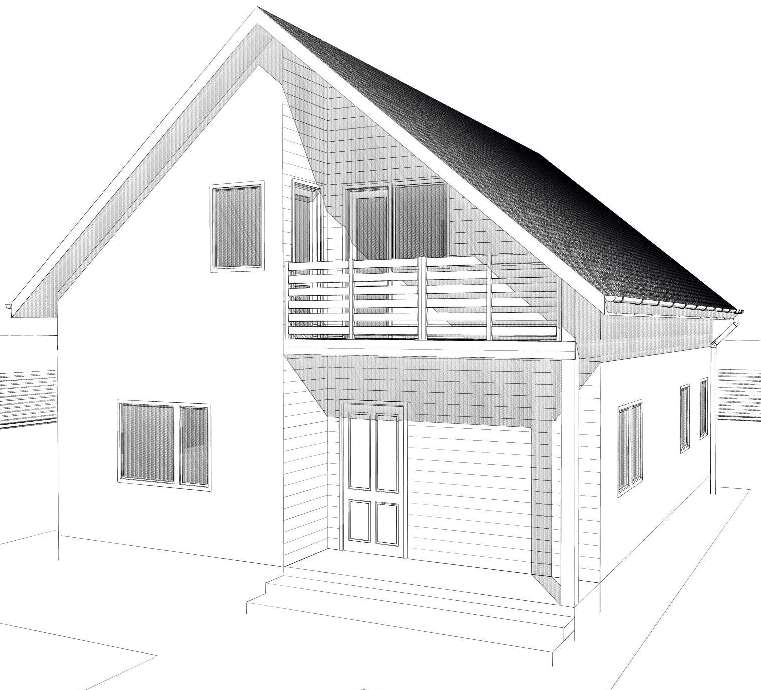 Визуализация двухэтажного дома с мансардой и балкончиком из СИП-панелей по Канадской технологии, 120 м2