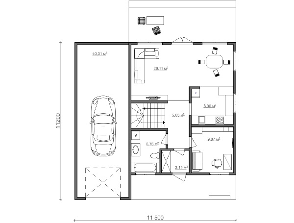 План первого этажа двухэтажного дома с гаражом из СИП-панелей по Канадской технологии, 160 м2