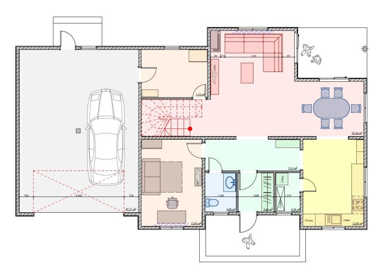 План первого этажа двухэтажного дома для большой семьи, 242 м2