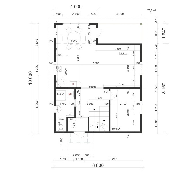 Планировка первого этажа, двухэтажного дома с мансардой из СИП-панелей по Канадской технологии, 117,5 м2
